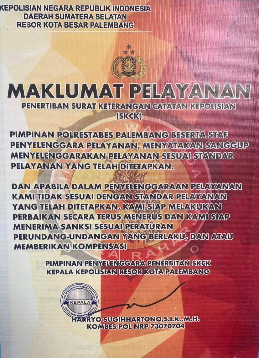 Maklumat Pelayanan Penerbitan SKCK Polrestabes Palembang